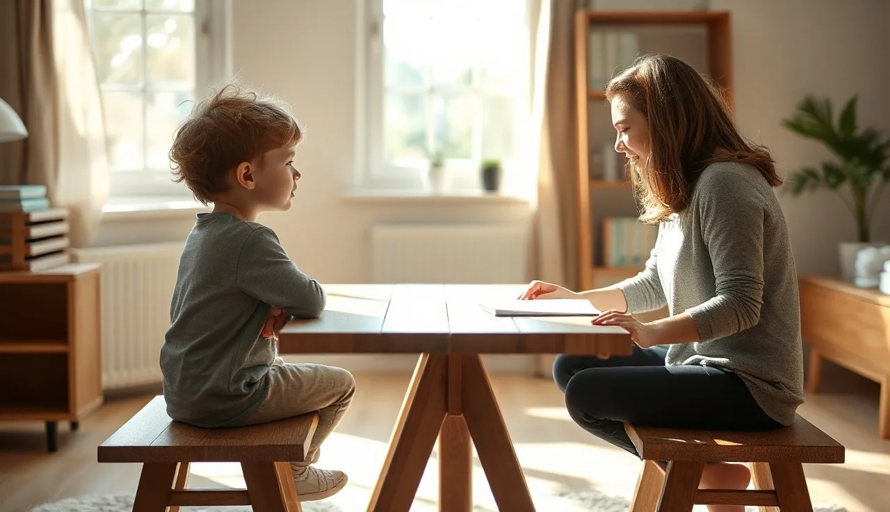 Young child and adult talking together at a therapy table, soft morning light