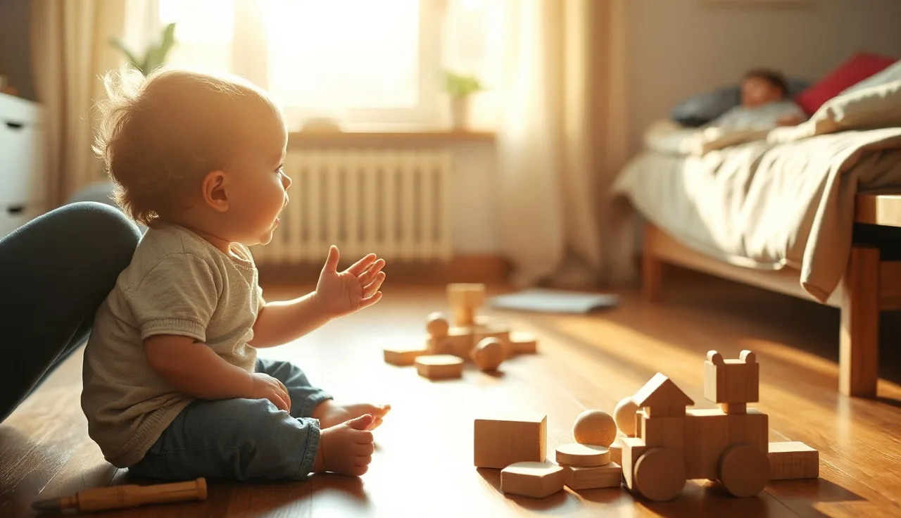 Parent and toddler talking face to face on a sunlit living room floor