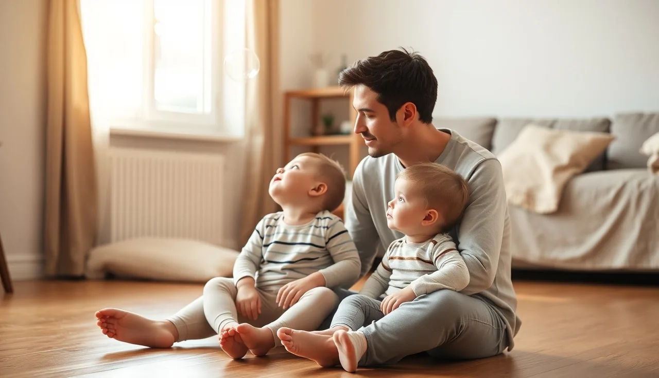 Parent and toddler sharing attention on a floating bubble on living room floor