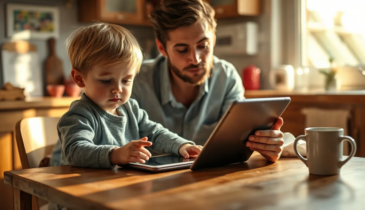 Young child using an AAC tablet at a kitchen table with a parent nearby