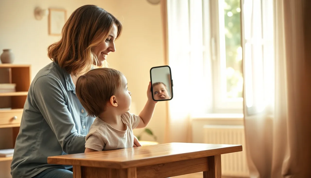 Young child and adult practicing mouth placement with a mirror during speech therapy
