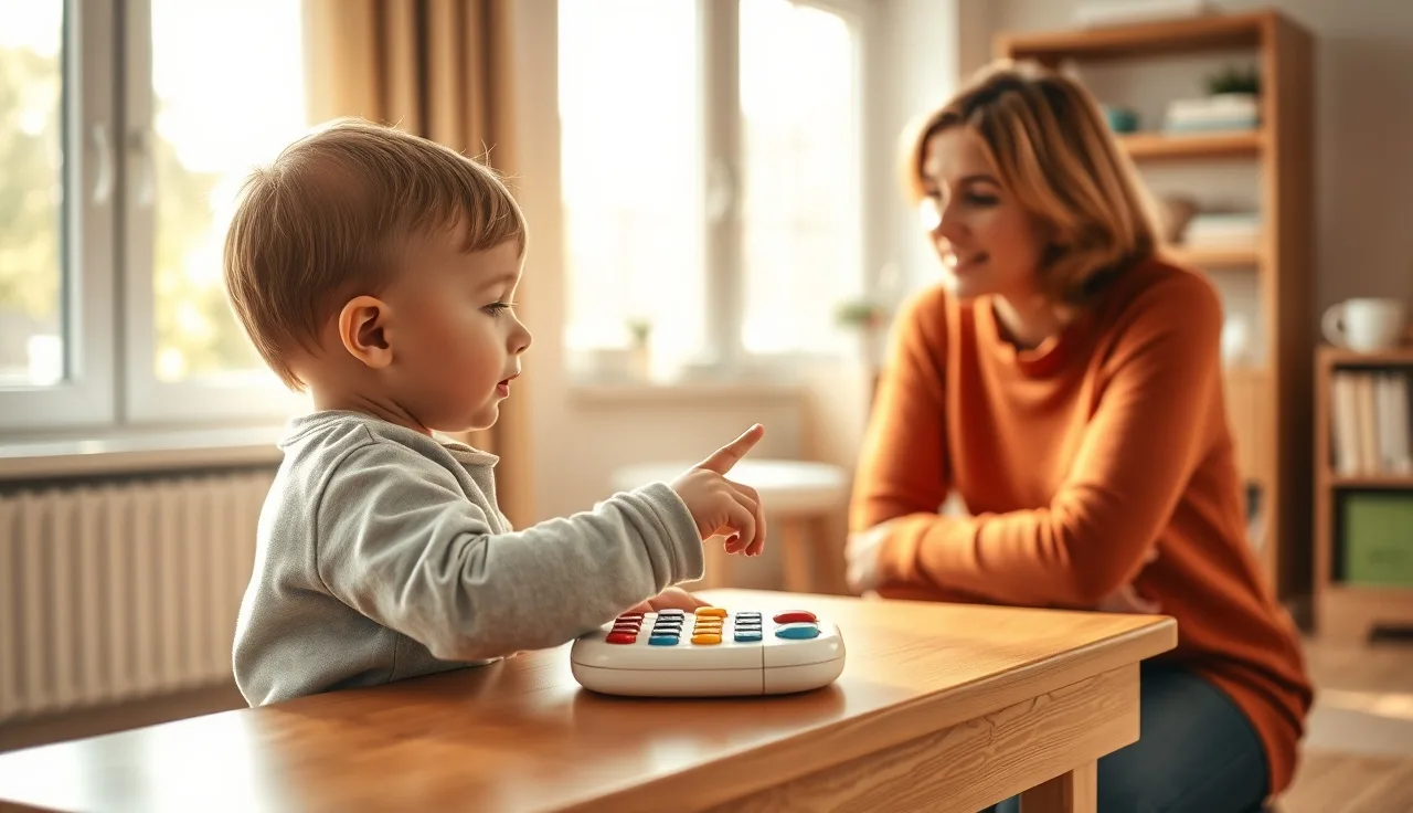 Young child pressing a speech-generating AAC device during therapy session