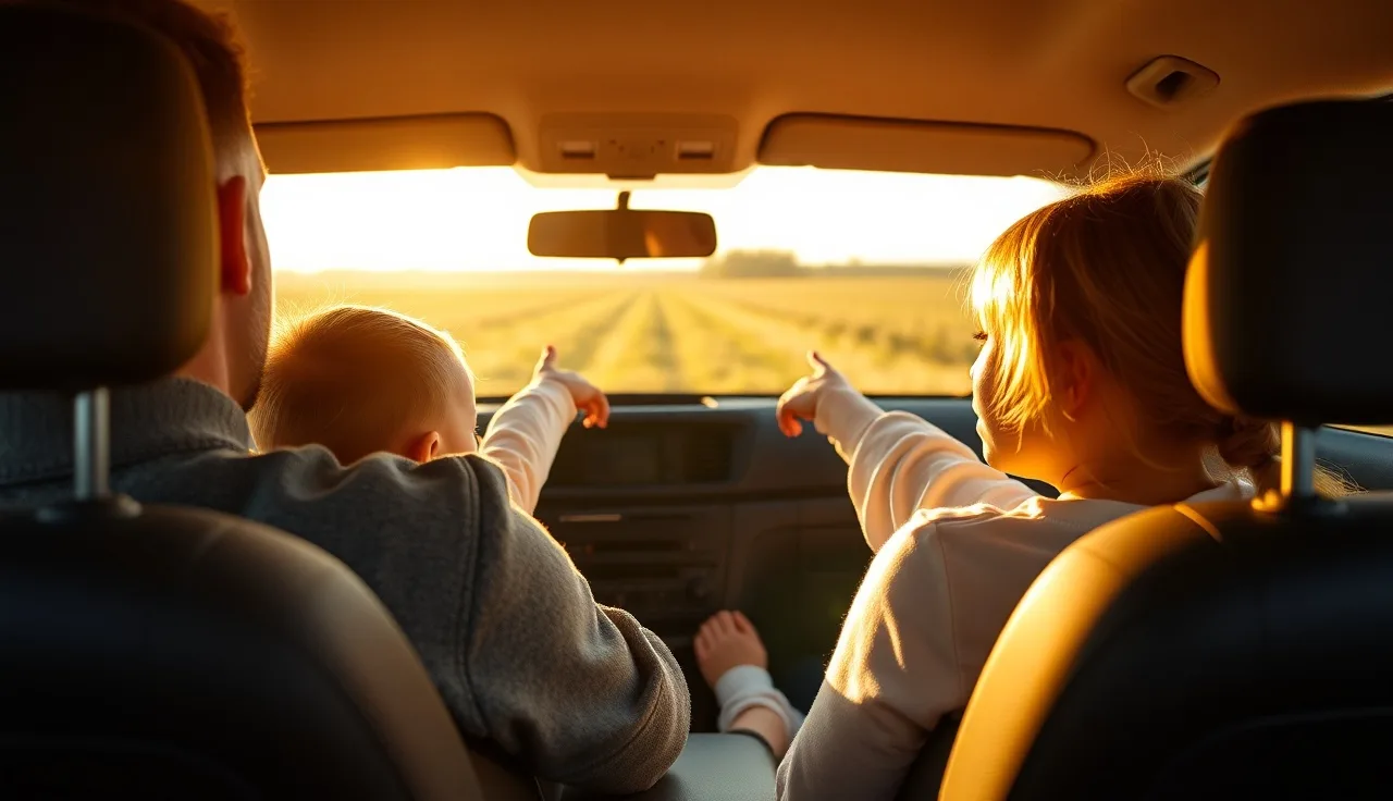 Parent and child in a car, child pointing out the window during a morning drive