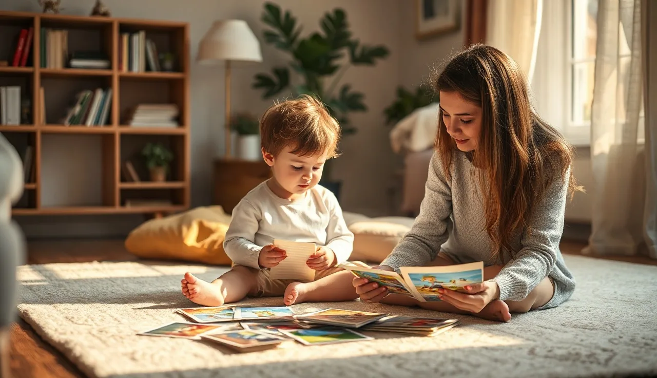 Young child and therapist looking at picture cards during a speech session