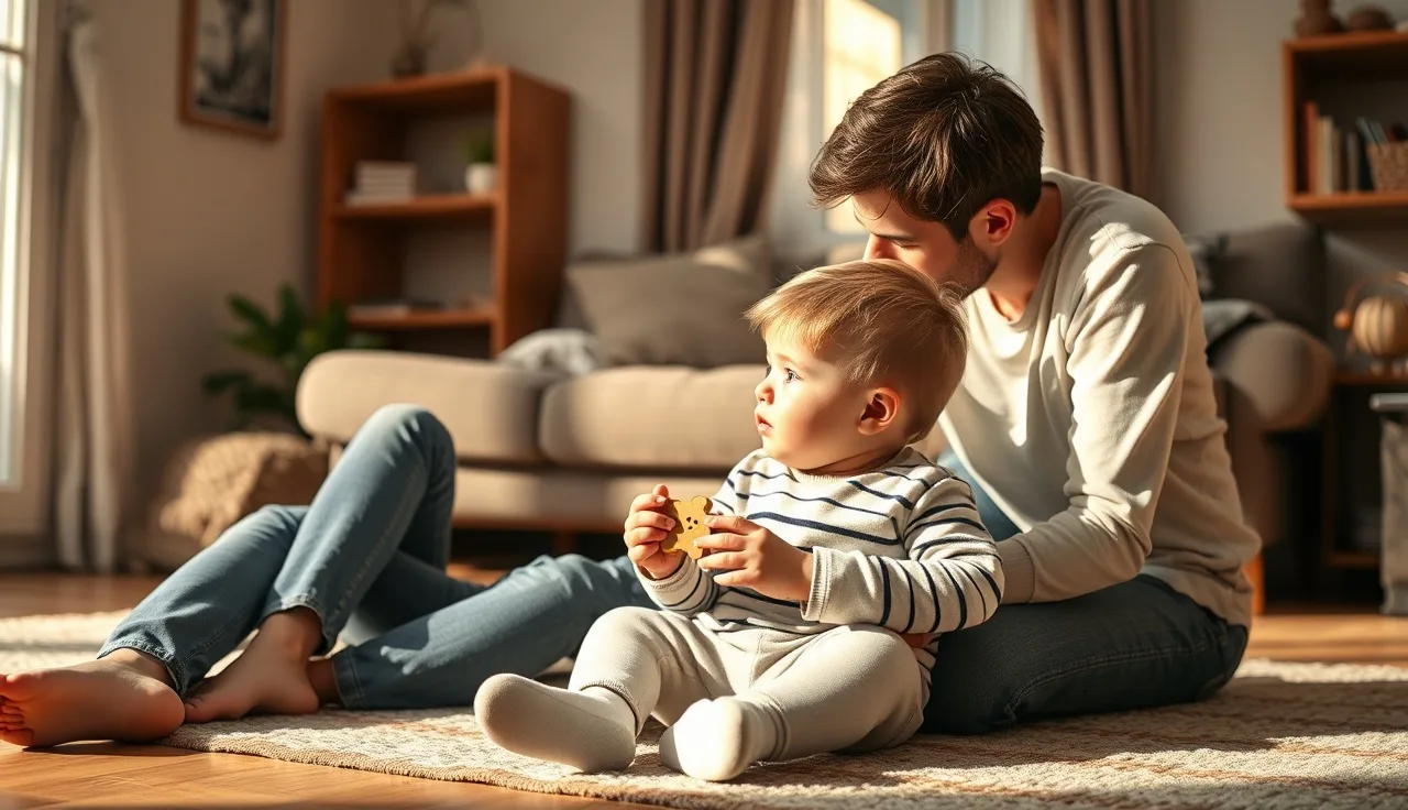 Toddler making eye contact with parent during floor play at home