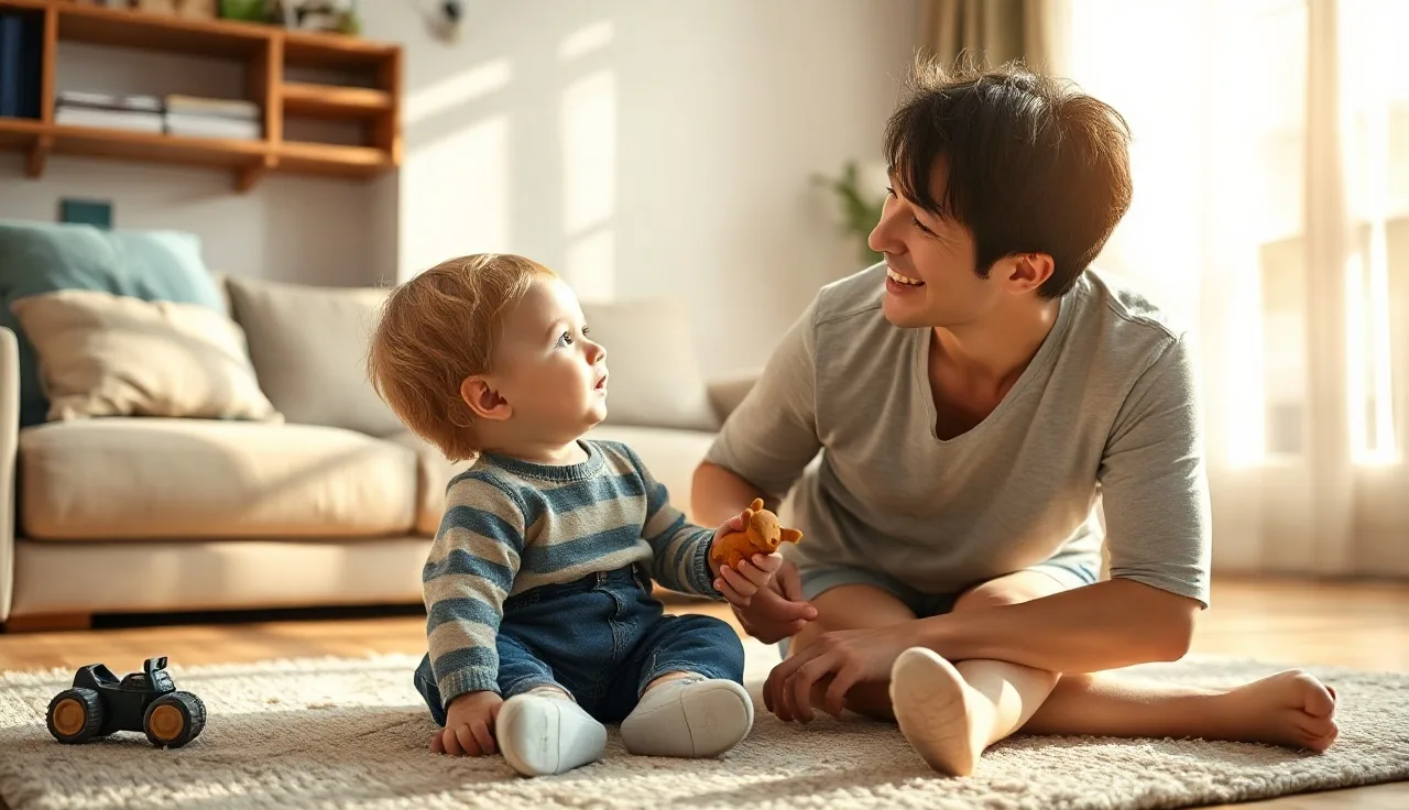 Toddler and parent playing on a rug, parent speaking to late talker child