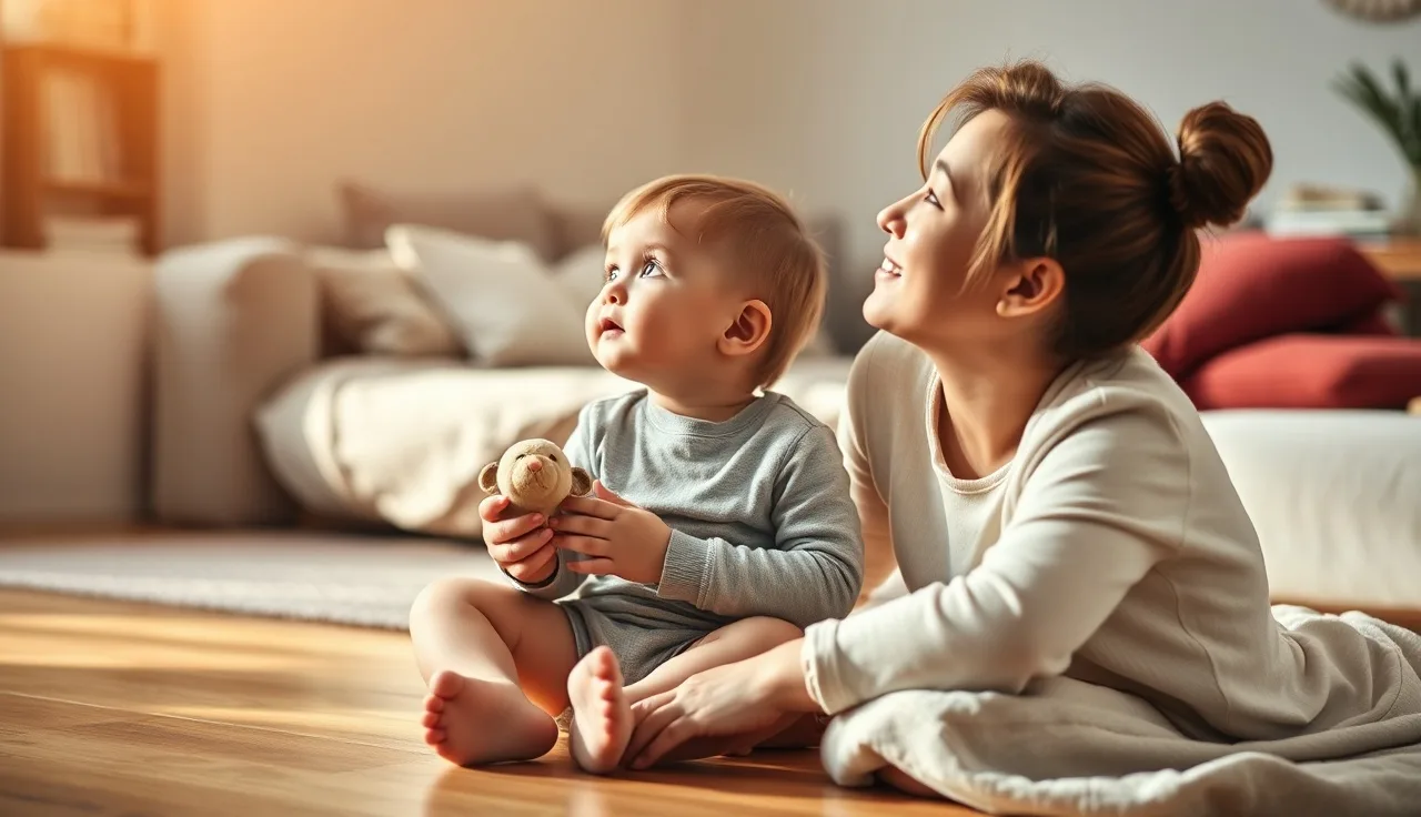 Toddler sitting with parent on floor looking up while holding a toy animal