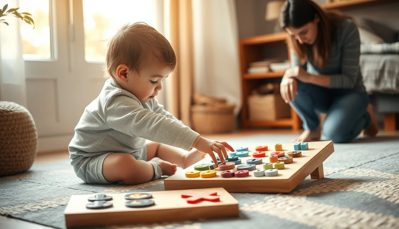 Child reaching toward AAC picture symbols on a floor board with parent watching
