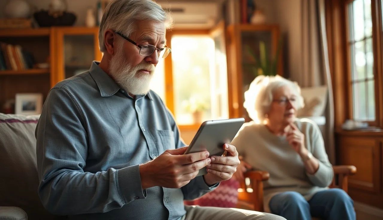 Adult man and speech therapist using a touchscreen AAC communication device together indoors