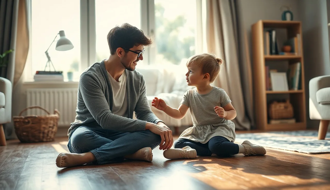 Parent and toddler facing each other talking at floor level in a sunlit room