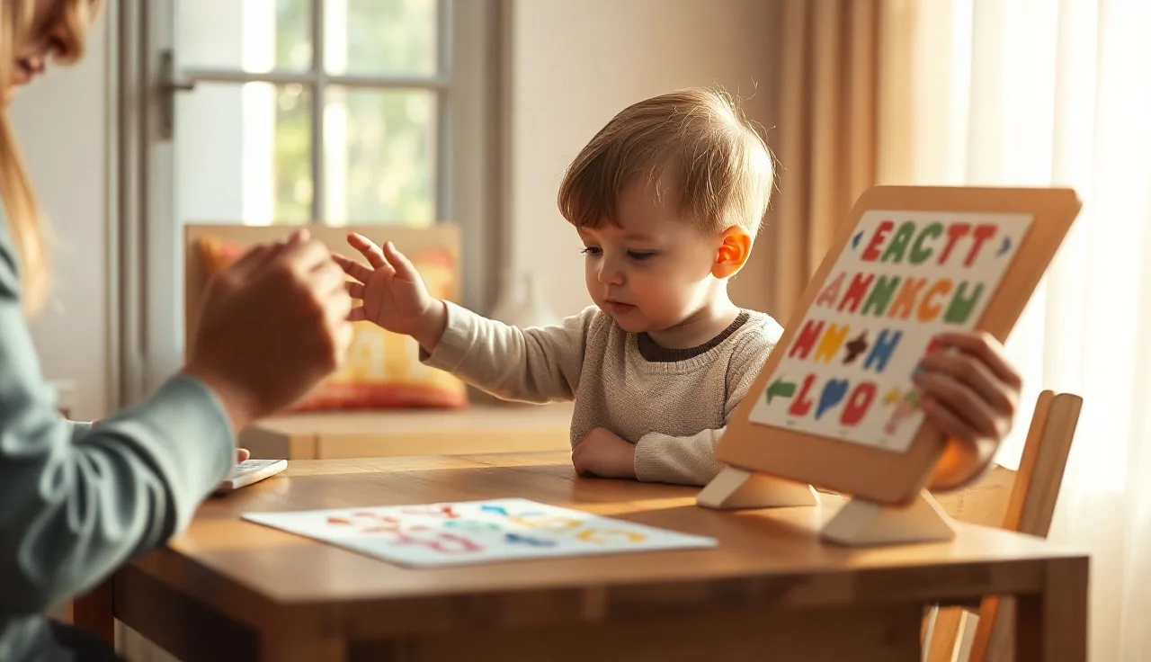 Young child reaching toward a colorful AAC communication symbol board at a table