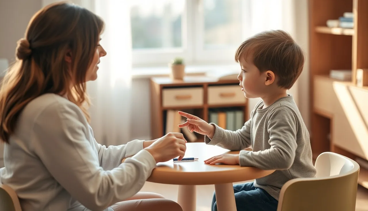 Speech therapist tapping a child's hand during melodic intonation therapy session