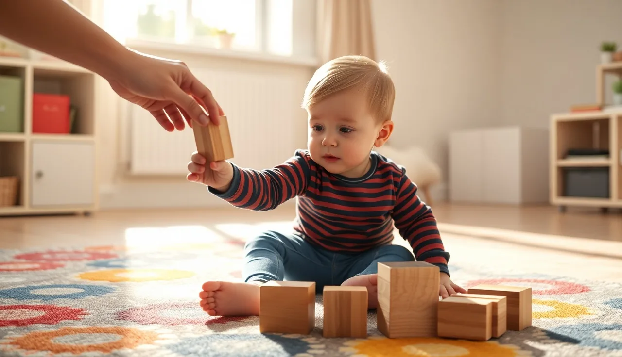 Young child reaching for wooden blocks during a speech therapy session