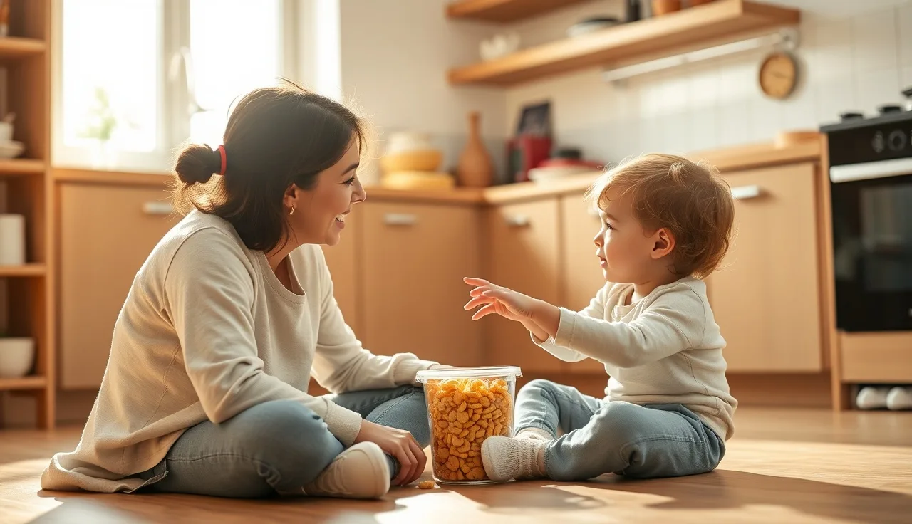 Parent and toddler on kitchen floor practicing communication during snack time