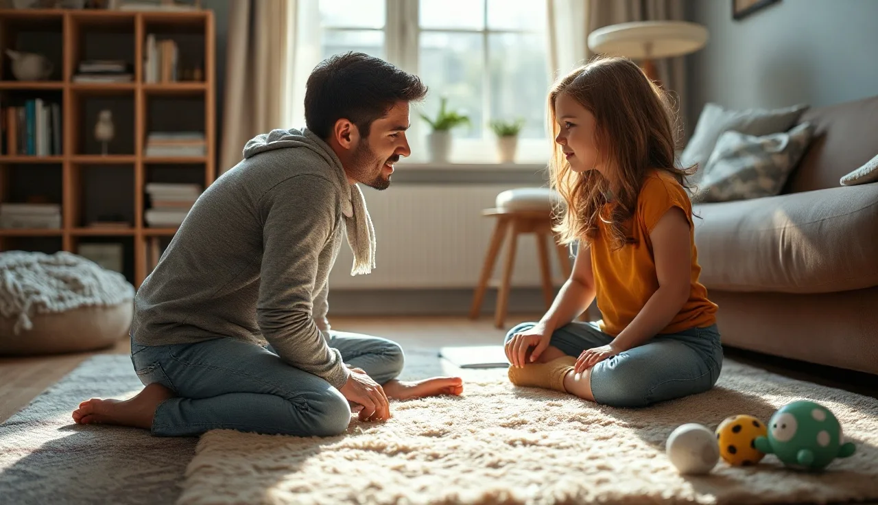 Young child and parent face each other in conversation during a home speech moment