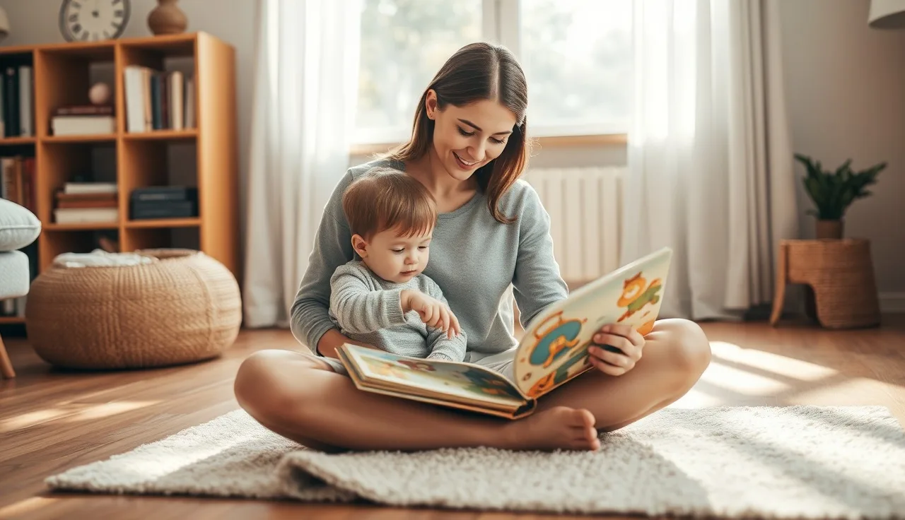 Mother and toddler reading together on the floor during at-home speech practice