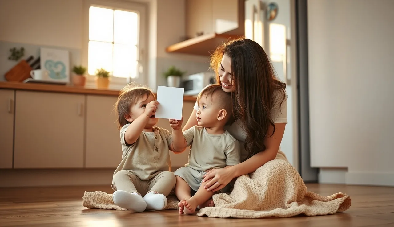 Mother showing a picture card to a toddler during multimodal communication at home