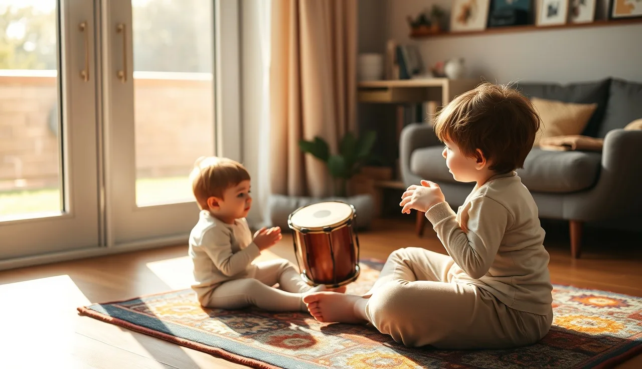 Young child and music therapist with a hand drum during speech therapy session