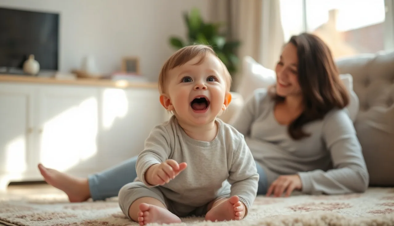 Toddler singing on a living room rug while parent listens attentively