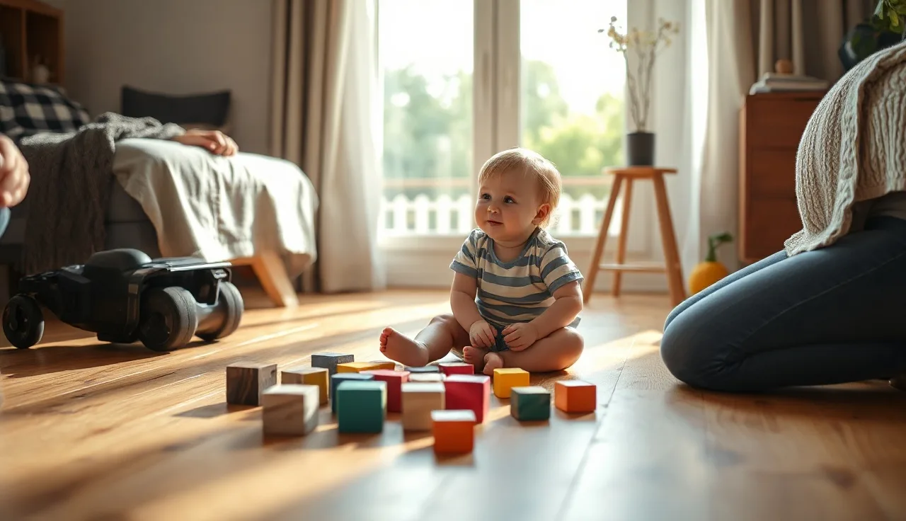 Toddler playing with wooden blocks while parent kneels nearby encouraging communication