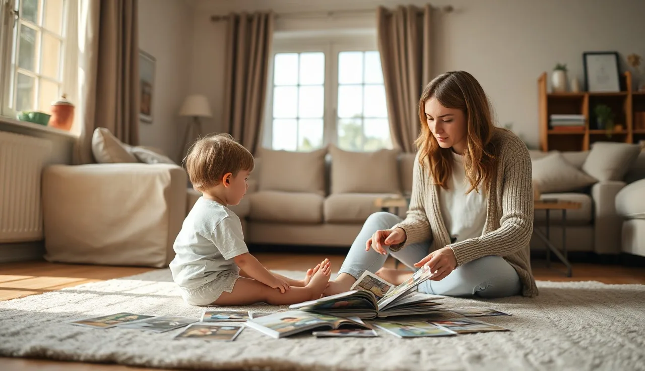 Adult and 4-year-old child practicing communication with picture cards on living room floor