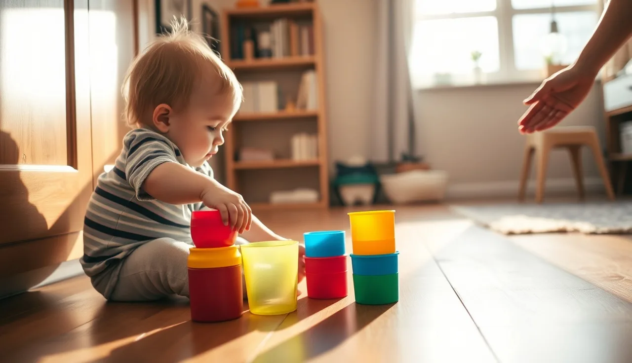 Toddler reaching for stacking cups on a wooden floor during play