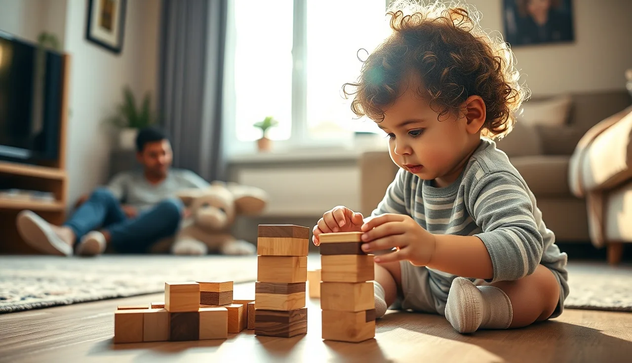 Bright toddler stacking blocks on floor while parent watches, soft afternoon light