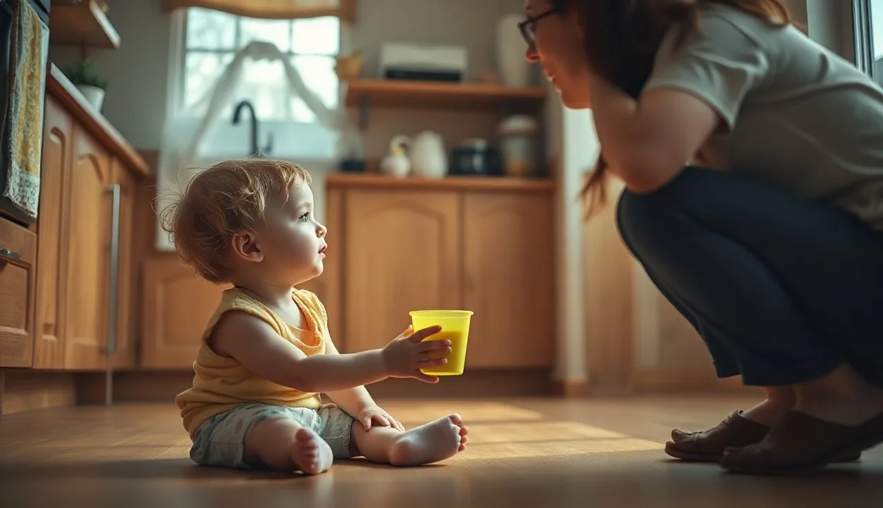 Toddler on kitchen floor looking attentively at parent talking, warm light