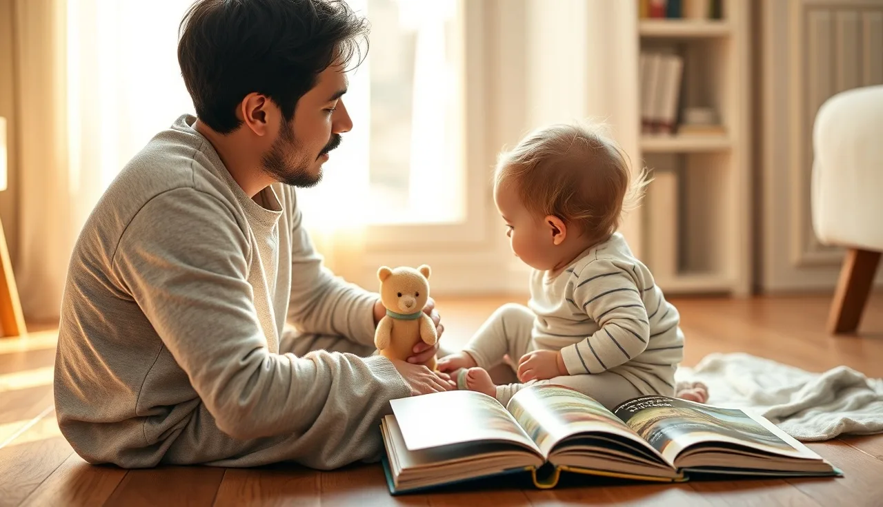 Parent and toddler in face-to-face play on a wood floor with board books