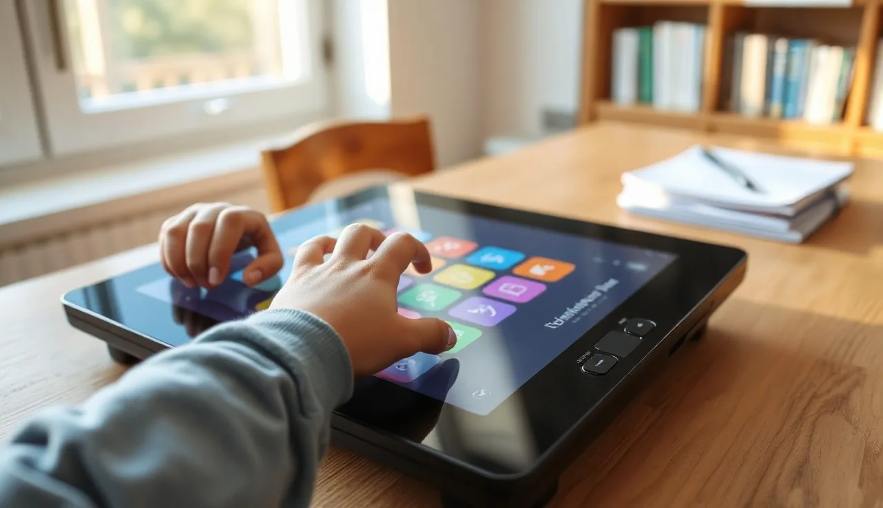 Child's hands on a touchscreen AAC speech-generating device at a therapy table
