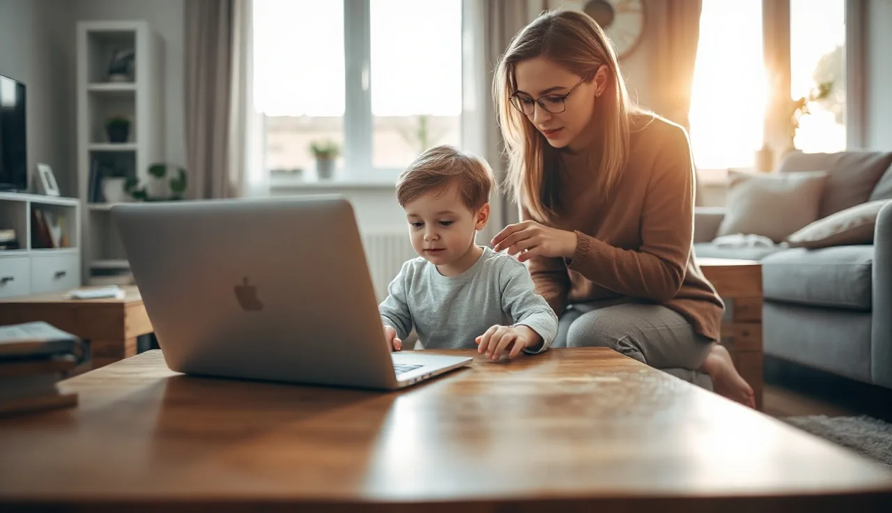 Child and parent at home during an online speech therapy video session