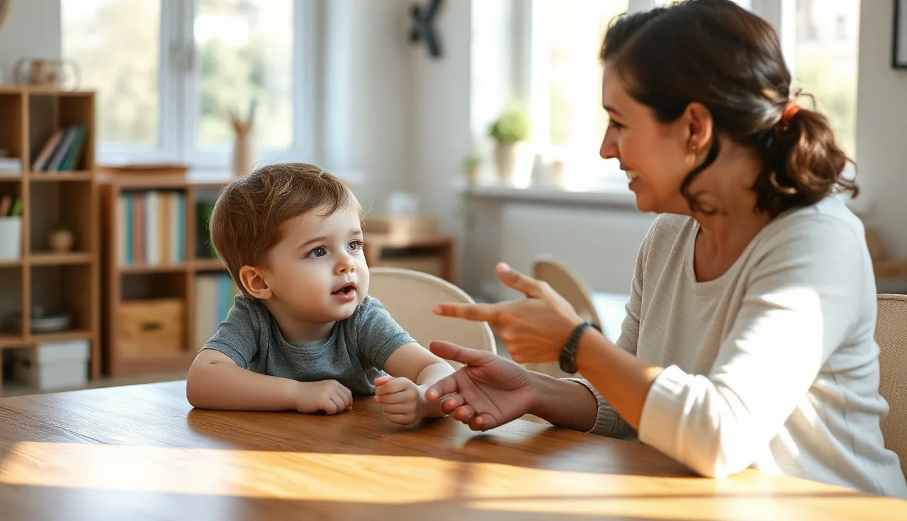 Young child and speech therapist practicing oral movements at a therapy table