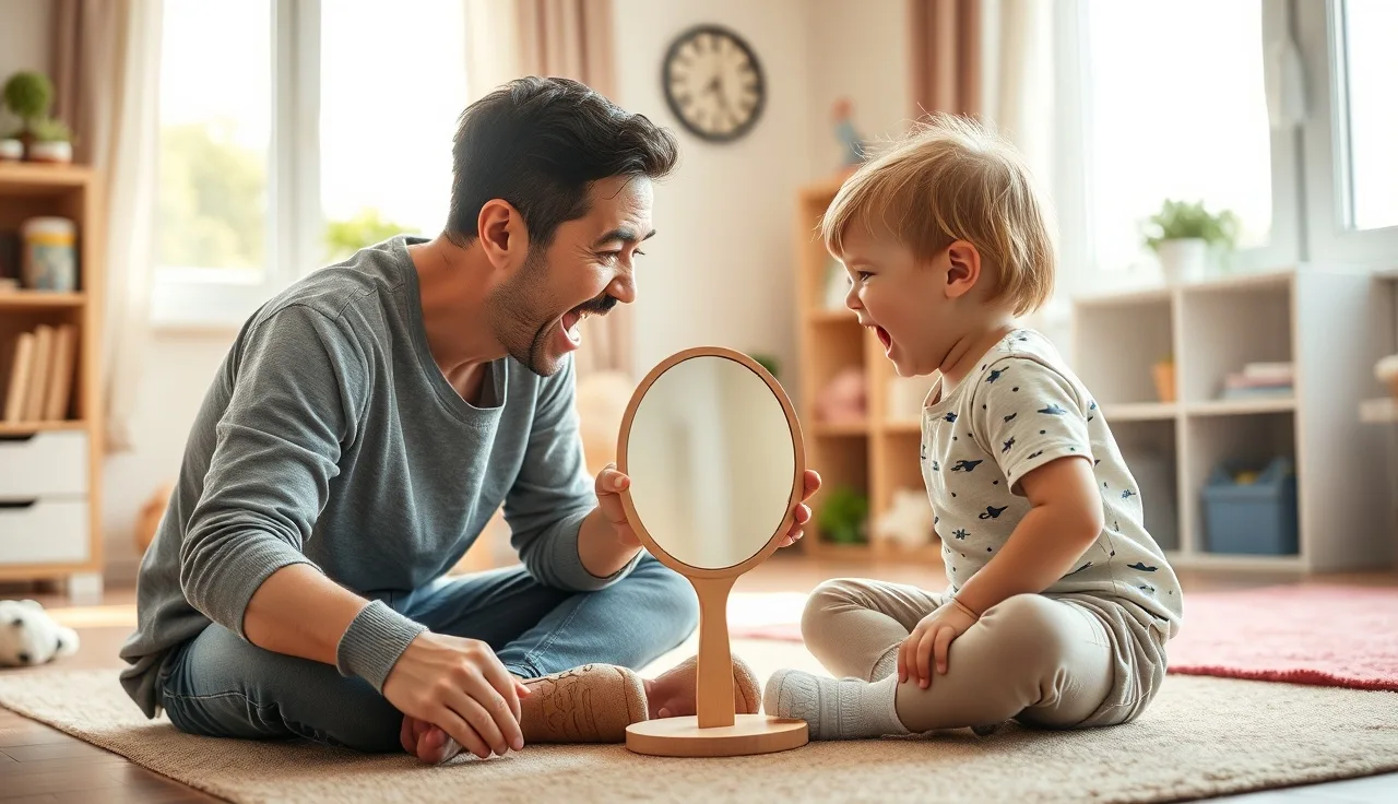 Parent and toddler doing mouth exercises together with a small mirror at home