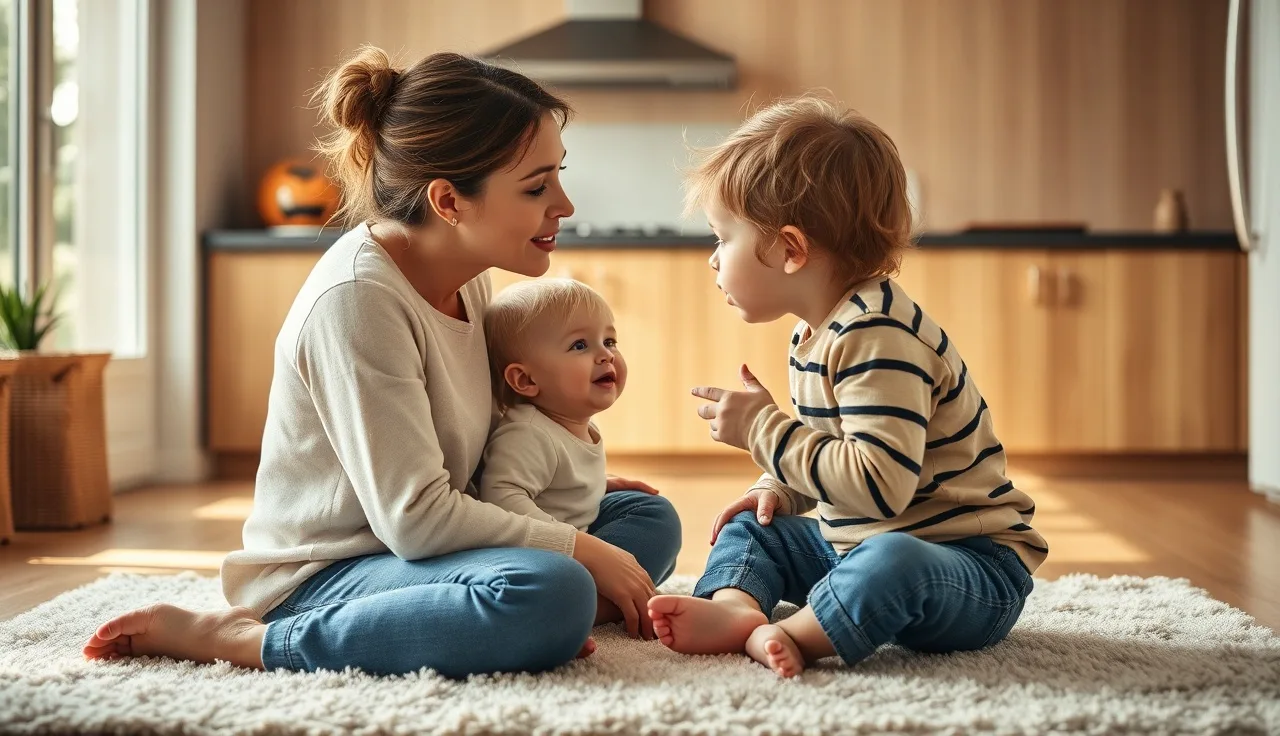 Mother and toddler practicing lip rounding face-to-face on a kitchen rug