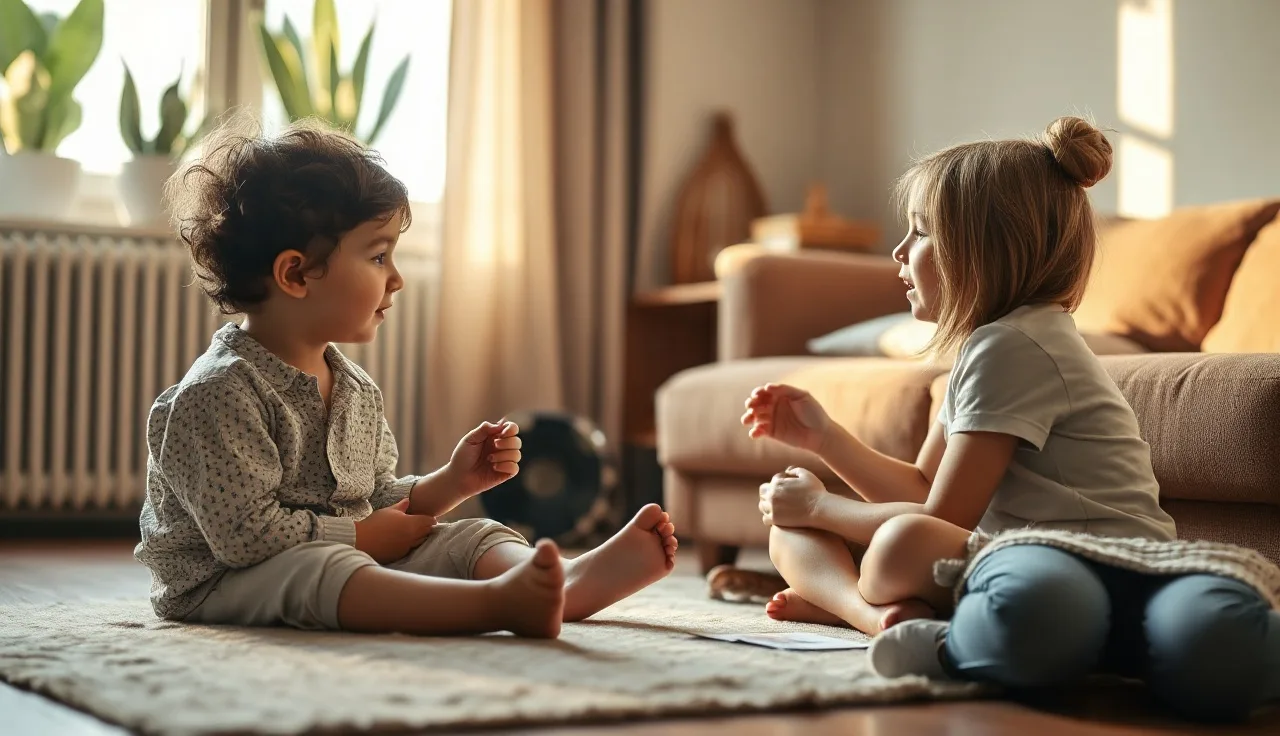Child and speech therapist talking with picture cards during a home therapy session