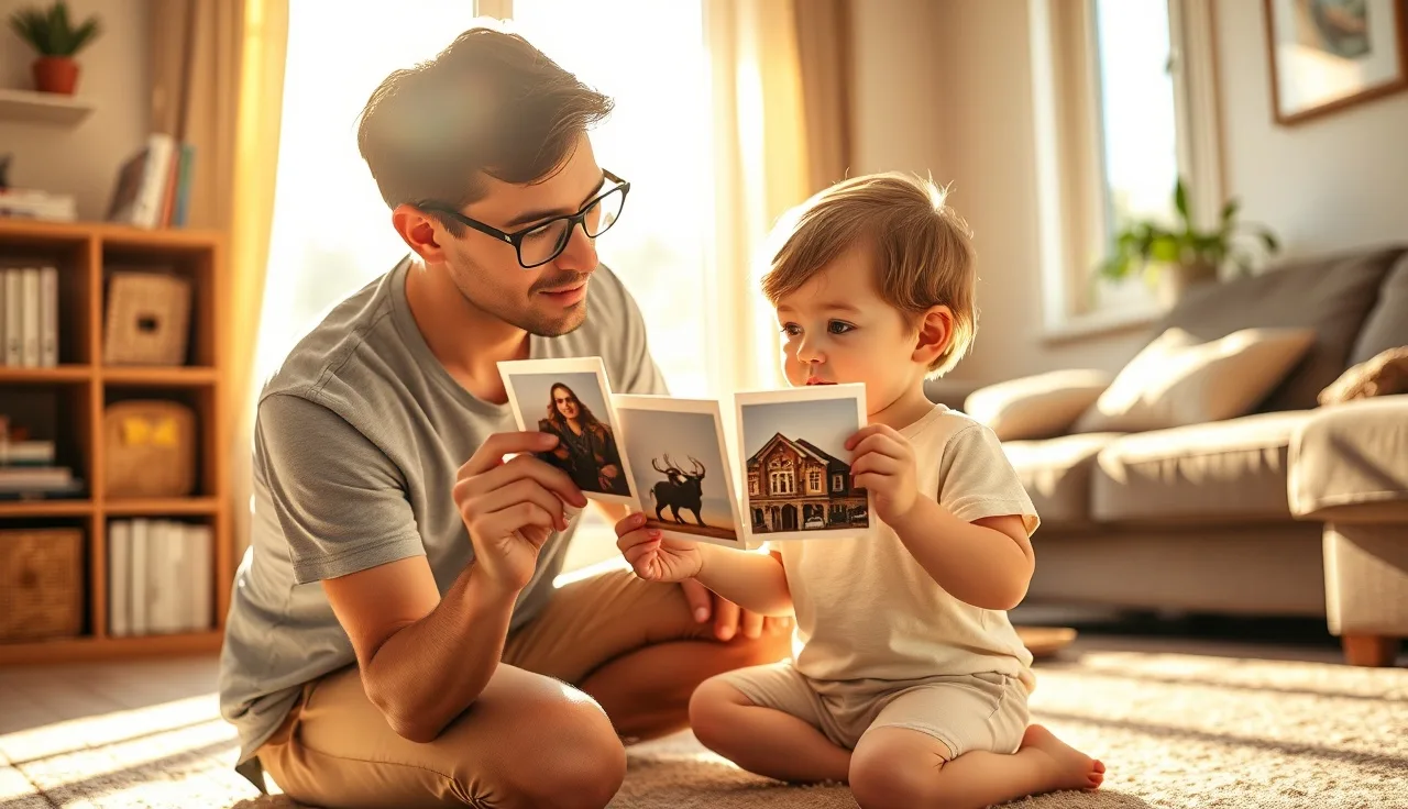 Parent holding picture cards for child using partner-assisted scanning at home