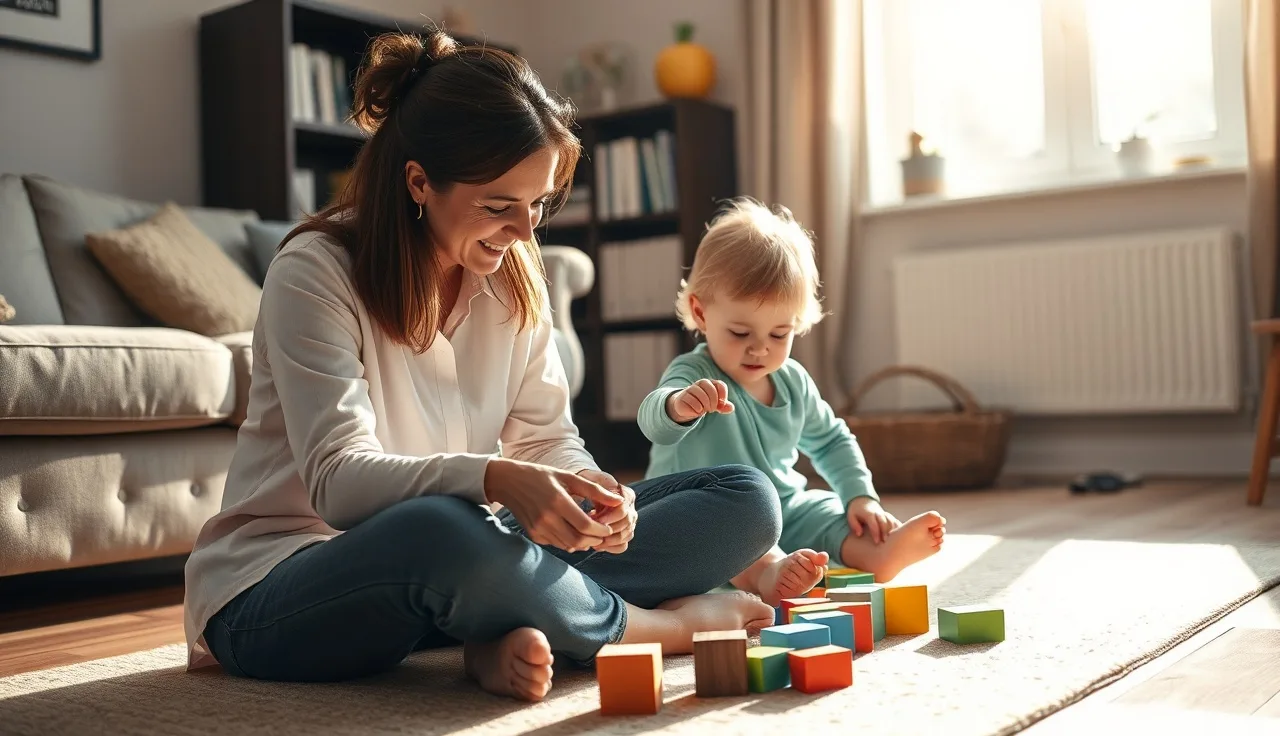 Speech therapist and toddler playing with blocks during an in-home pediatric speech therapy session