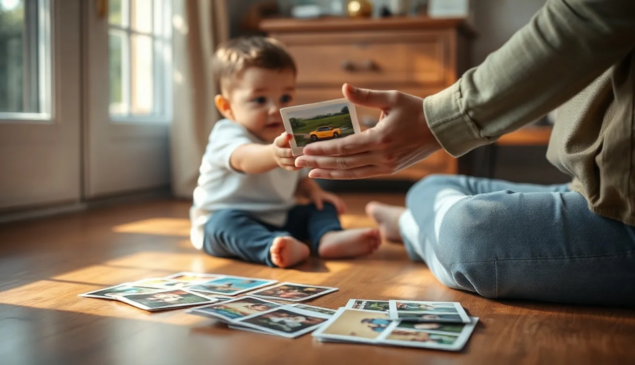 Child handing a laminated picture card to an adult during picture communication practice