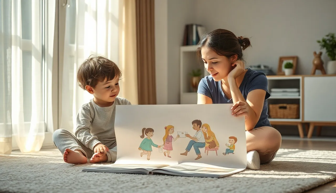 Child and parent examining a colorful illustrated picture scene card together on the floor