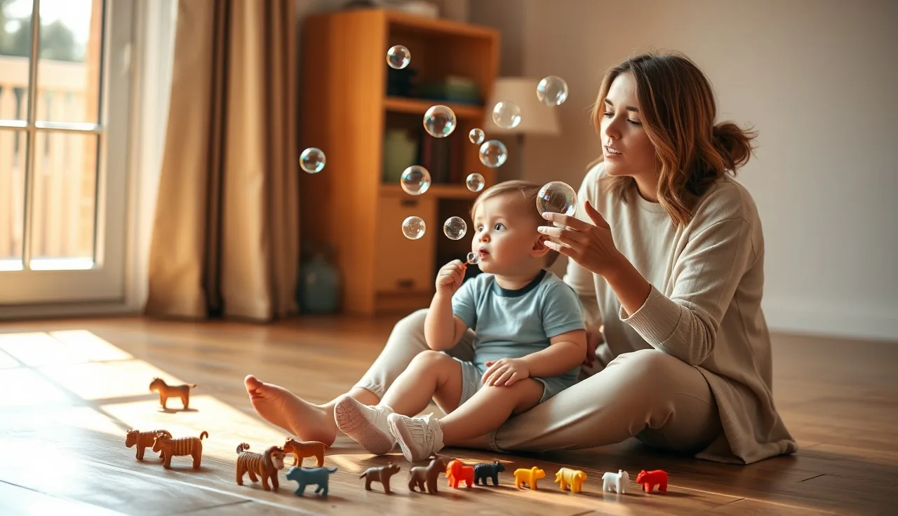 Toddler and parent blowing bubbles on the floor during play-based speech activity