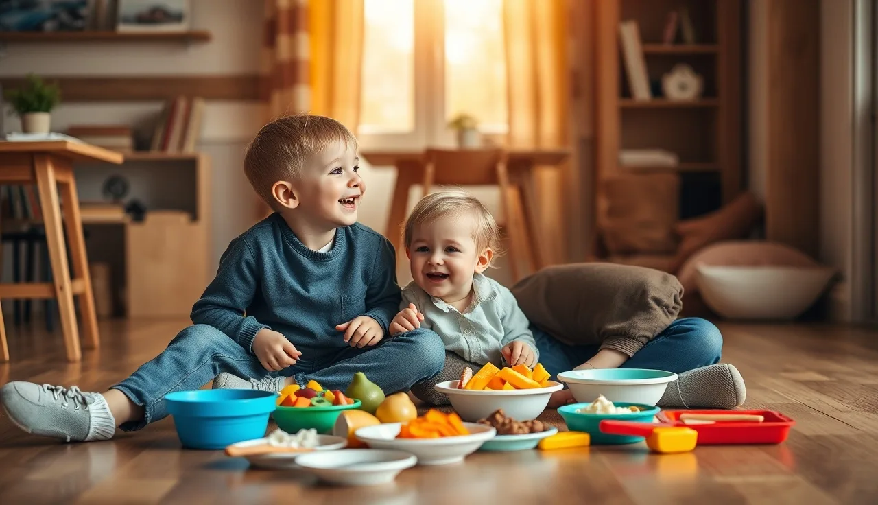 Parent and 4-year-old child playing pretend restaurant together on living room floor
