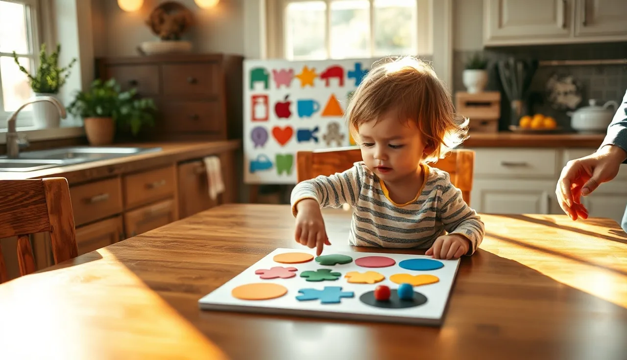 Child reaching toward a colorful PODD communication board at a kitchen table
