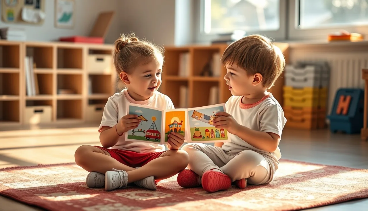 Two children practicing social communication with picture cards on a classroom rug