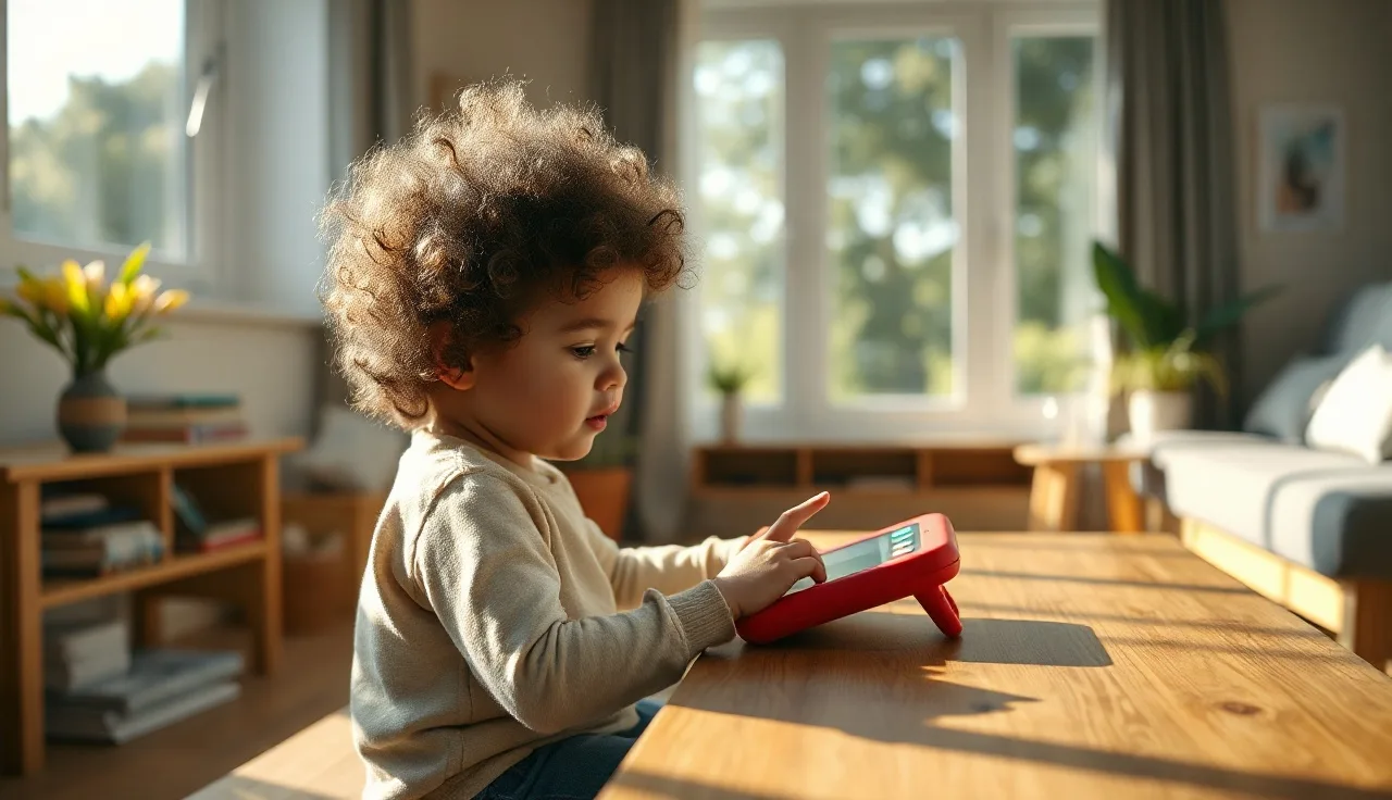 Young child using a touchscreen AAC speech-generating device at a therapy table