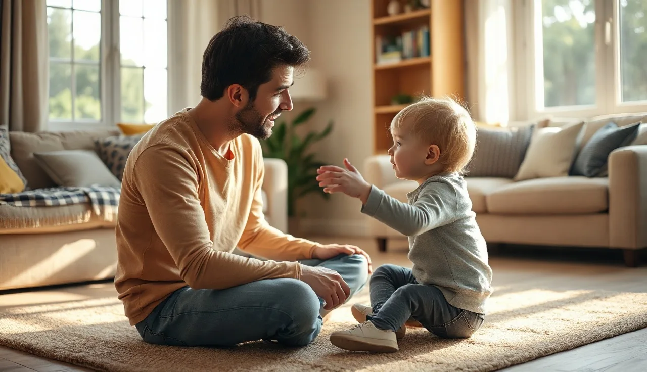Parent and preemie toddler communicating face to face on a home floor