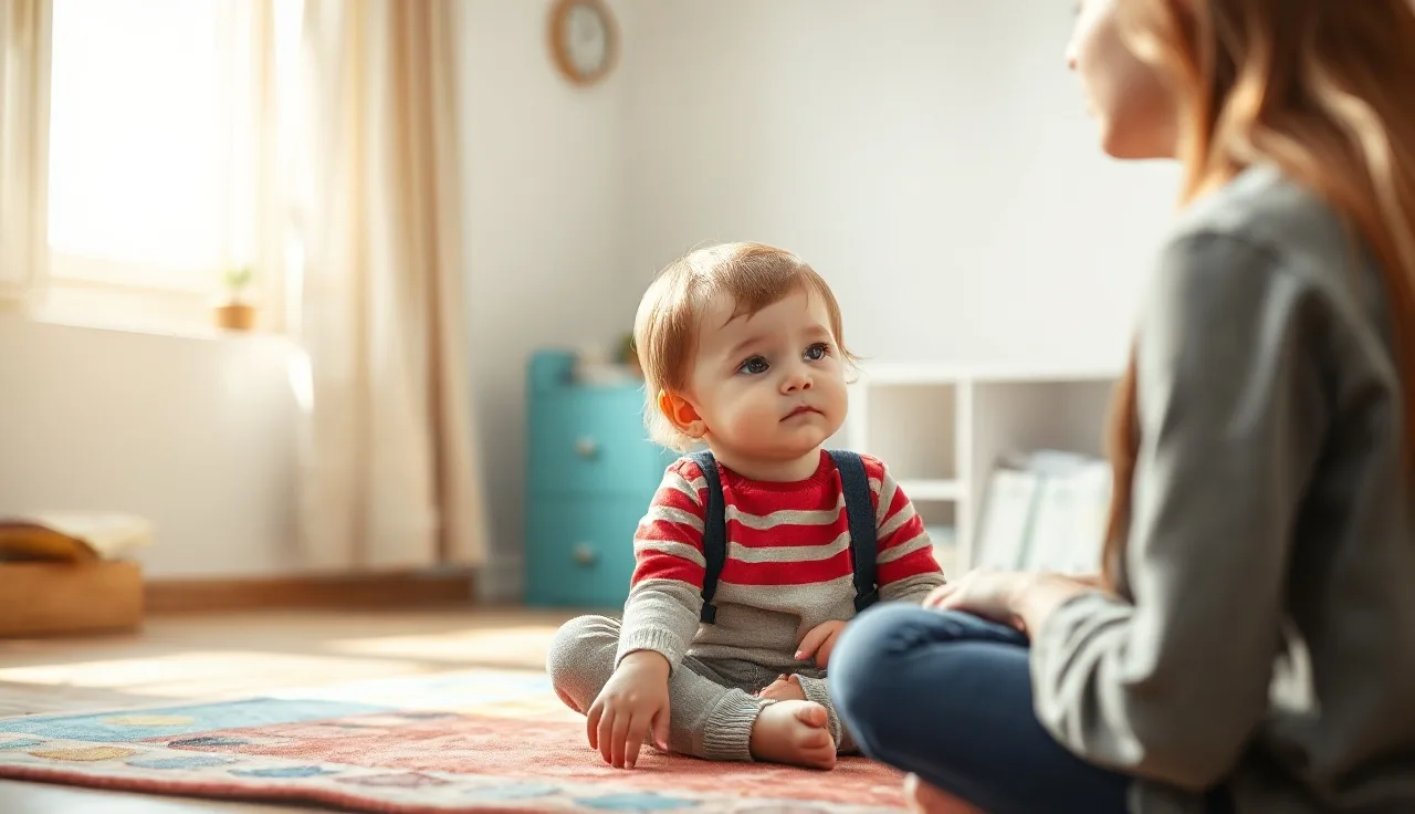 Young child in speech therapy session with clinician, warm natural light