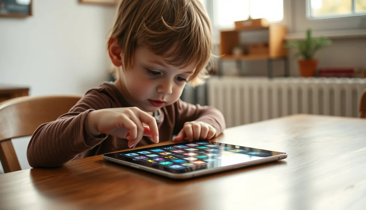 Young child touching symbols on a tablet AAC device at a wooden table