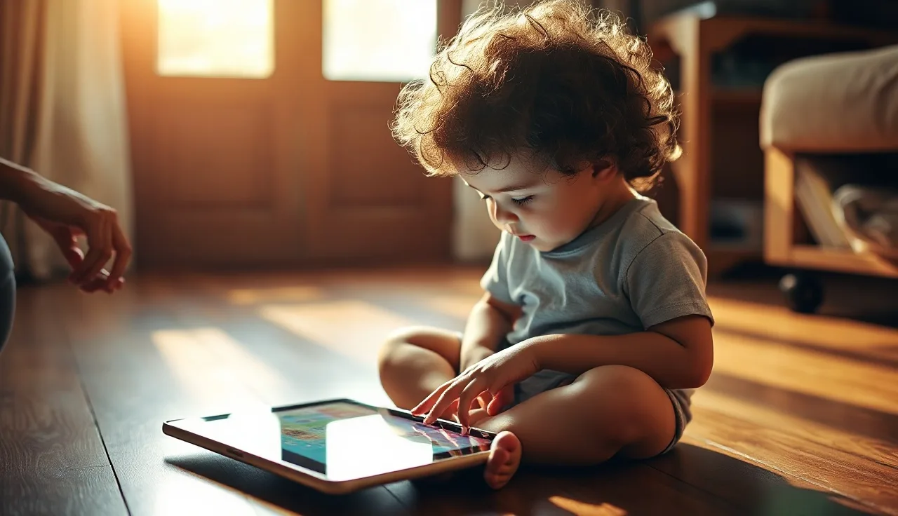 Toddler tapping a colorful AAC app on a tablet with parent nearby