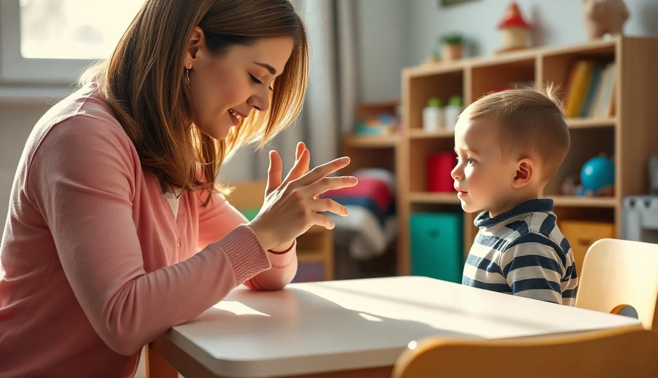 Therapist using PROMPT tactile cue on child's chin during speech therapy session