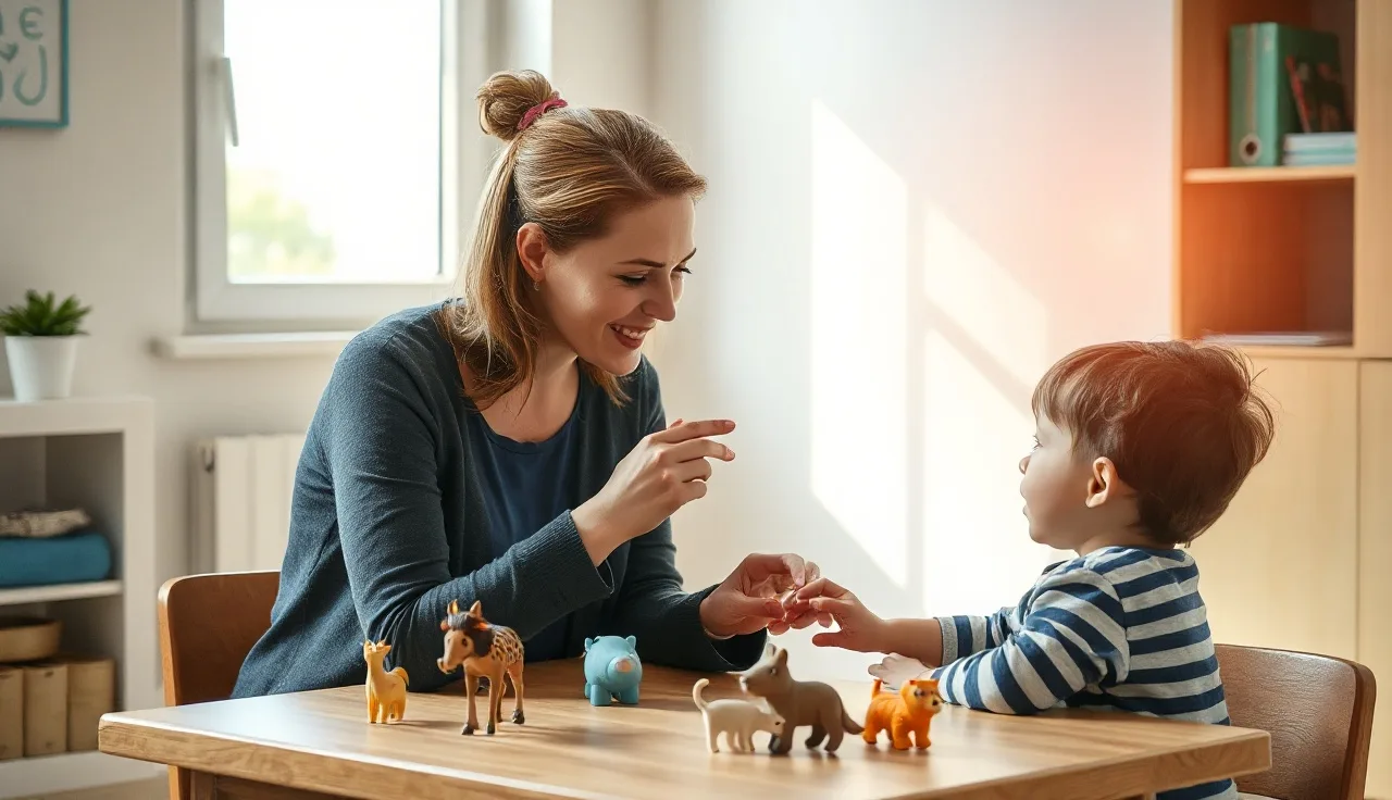 Speech therapist guiding a young child's jaw during a PROMPT therapy session